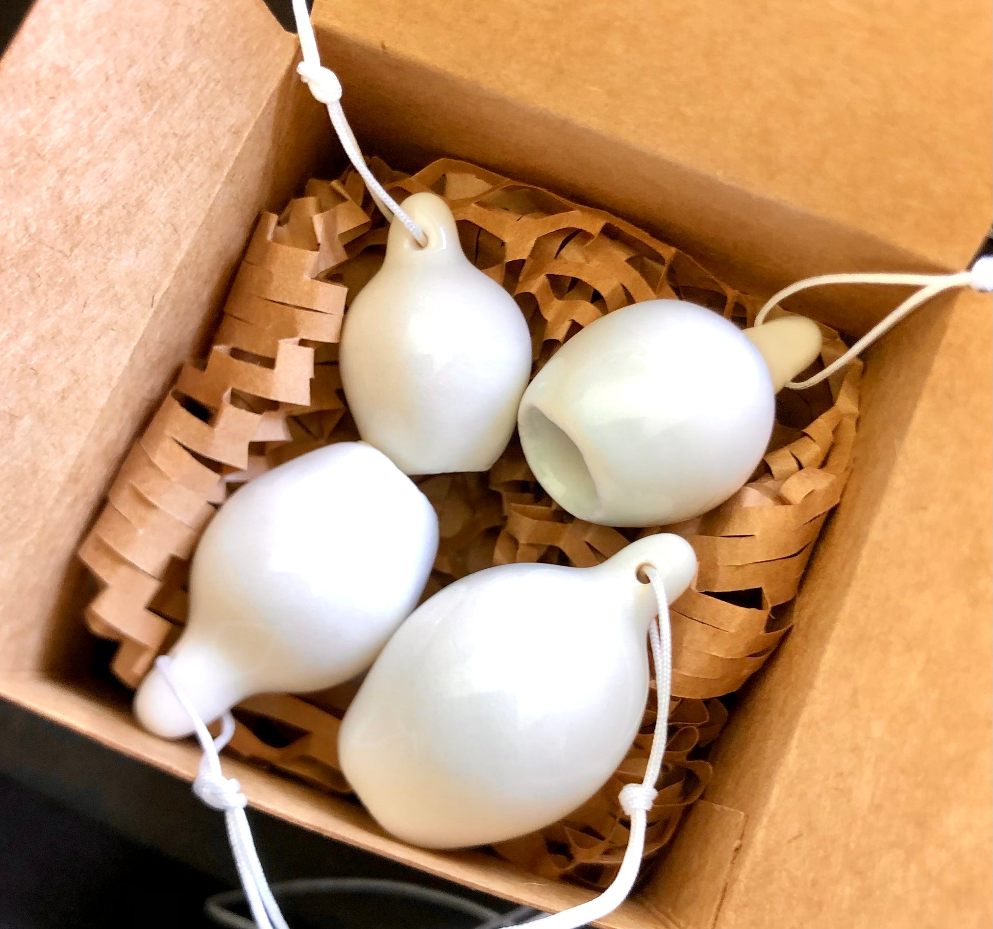 Gumnuts in different sizes, hung on white strings and arranged in a shipping box, highlighting the natural variations in shape and size of these Australian botanicals.